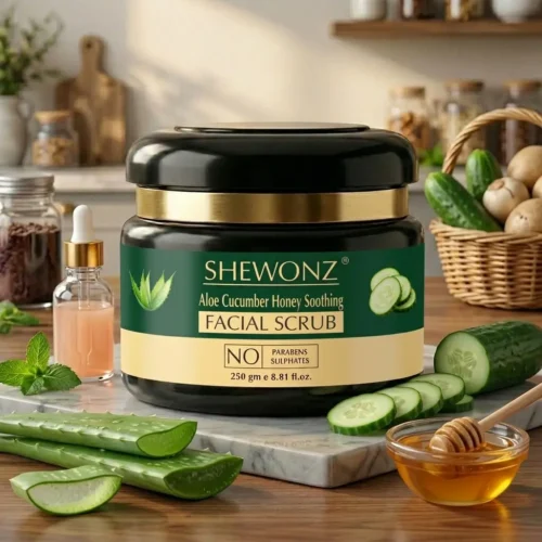 3-2.jpg Shewonz Aloe Cucumber Honey Soothing Facial Scrub 250 gm